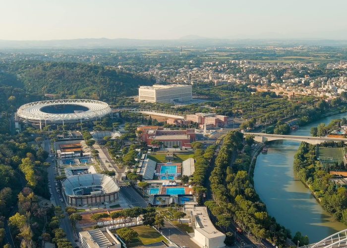 Rome, Italy - July 09, 2023: Stadium Olimpico Tour. Sports complex Olimpico del Nuoto. Evening time, Aerial View