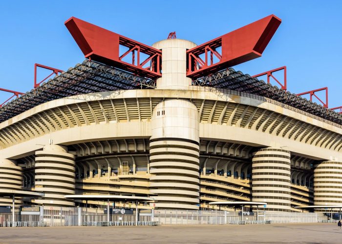 Milan, Italy - March 28, 2022: General view of the San Siro football stadium, home stadium of both Inter Milan and AC Milan football clubs with a capacity of 80 000 spectators.