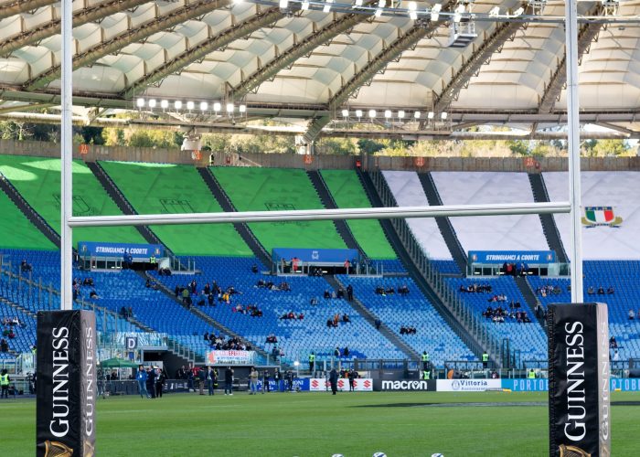 Olympic stadium of Rome, wide shot of empty playground with rugby posts, view from field. Rome, Italy, february 5th 2023, Six nations
