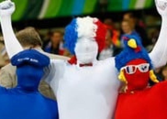 LONDON, ENGLAND - SEPTEMBER 23:  France fans enjoy the atmosphere during the 2015 Rugby World Cup Pool D match between France and Romania at the Olympic Stadium on September 23, 2015 in London, United Kingdom.  (Photo by Chris Lee - World Rugby/World Rugby via Getty Images)